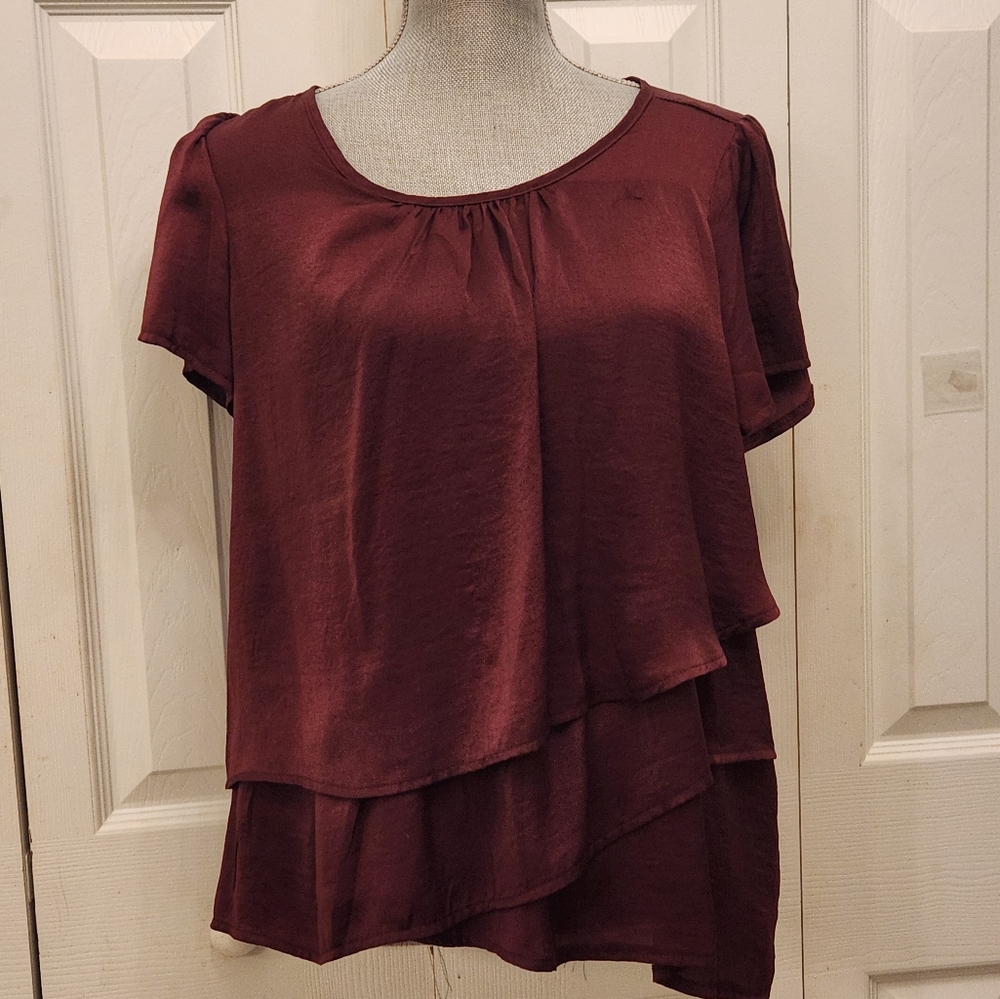 Hazel Elegant Deep Burgundy Layered Blouse Sz M